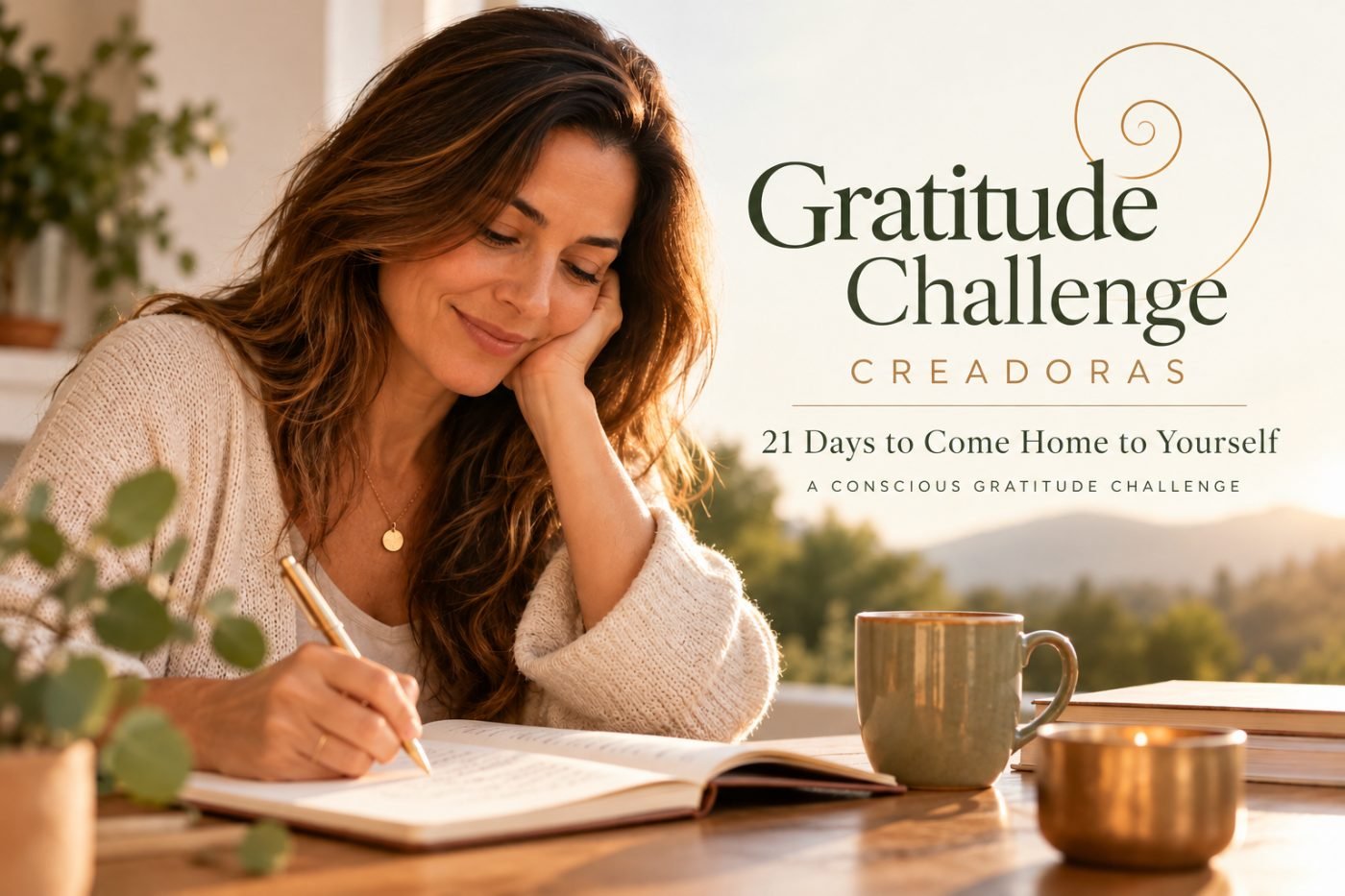 Woman writing in a notebook with a mug beside her. CREADORAS Gratitude Challenge.