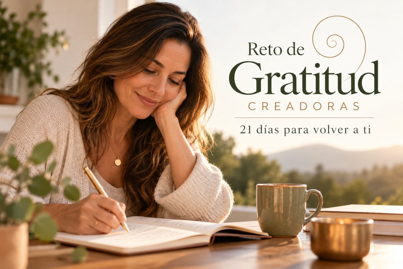 Mujer escribiendo en un cuaderno con una taza al lado. Reto de Gratitud CREADORAS, 21 días para volver a ti.